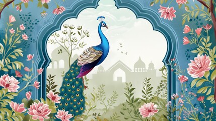 Wall Mural - Pattern modern of an old-world mughal frame, arch, peacock, flower and garden