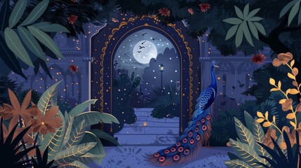 Wall Mural - A traditional Mughal night garden arch, plant, and peacock illustration for an invitation. A modern printable design.