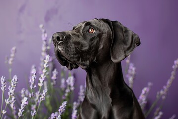 Sticker - A gentle giant, a Great Dane, posed majestically against a lavender backdrop, showcasing its imposing yet friendly demeanor