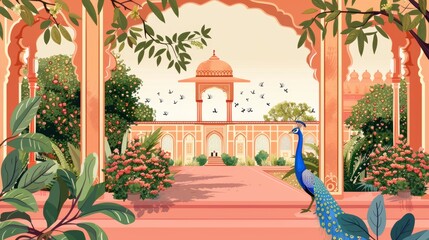 Wall Mural - Frame with traditional Jaipur architecture, arch, garden, peacock, plant, and tree illustrations