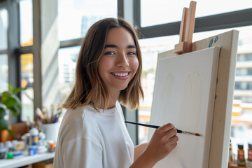 Woman painting in a bright studio with canvases, brushes, and window views, producing vibrant, creative artwork.