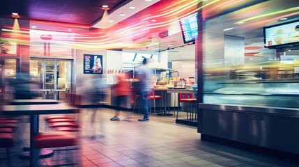 Poster - vibrant blurred fast food restaurant interior