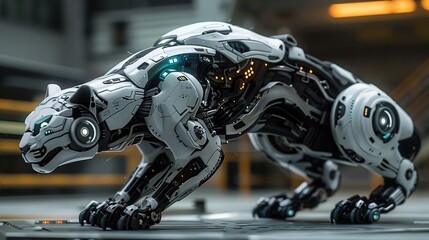 Wall Mural - A futuristic robotic bobcat , sleek and agile, with metallic limbs and glowing circuitry, designed for high-speed traversal across varied terrain, embodying grace, speed, and technological prowess