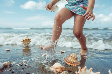 A girl happily skipping along the shoreline her hands full of various seashells she has collected. She stops to admire a particularly beautiful one with intricate patterns