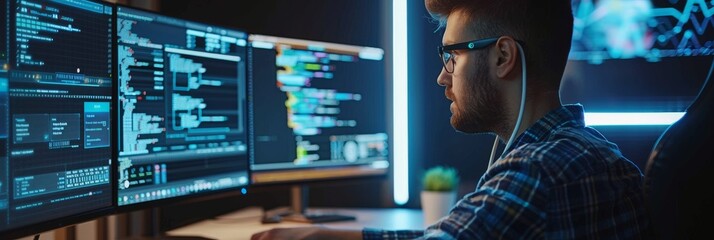 In an innovative technological startup, a young Caucasian man is coding on a desktop computer. Junior Developer working on the new project.