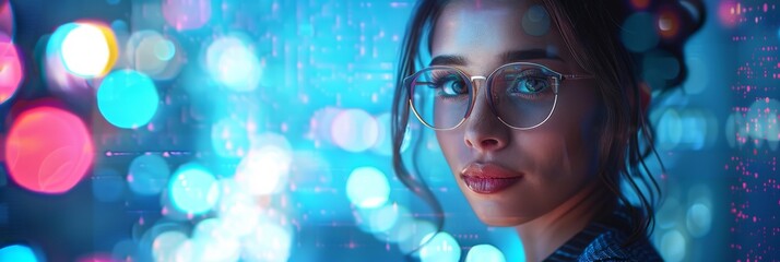 Wall Mural - An attractive Hispanic woman wearing glasses, using a tablet computer, smiling at the camera and wearing glasses. She is a business woman, an information technology manager, and an engineer in