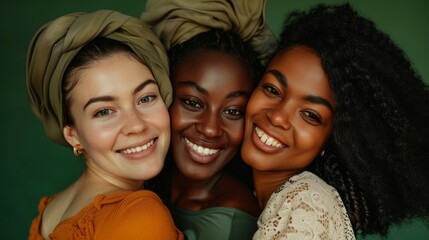 Wall Mural - Three women with different hair types and styles are smiling for the camera