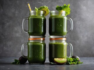 Green health smoothie served in glass jar mugs, combining kale, lime, apple, kiwi, grapes, banana, avocado, and lettuce