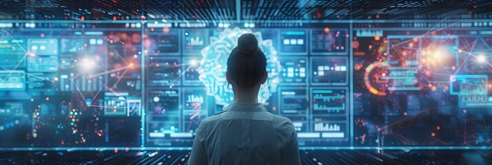 A developer thinks on a computer, surrounded by a big screen showing a coding language. A professional programmer creates software, runs coding tests. This is a futuristic concept of programming.