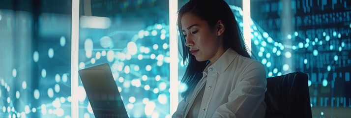 Canvas Print - Working on a laptop in the modern office. Beautiful young businesswoman working on a phone with colleagues. VFX Hologram Edit Visualizing Stock Exchange Interface, Opened Charts.