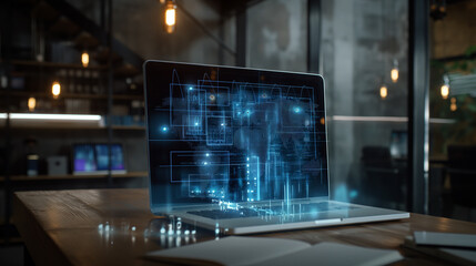 Wall Mural - digital business management system virtual display over a laptop in modern office, futuristic softwa