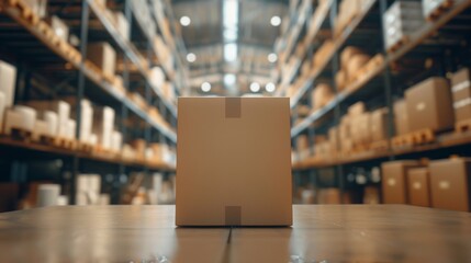 The cardboard box package stands on the table of the warehouse where rows of shelves hold parcels awaiting shipping and delivery.