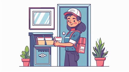 Charming illustration of a female mail carrier in a green uniform and white cap, delivering letters to a mailbox