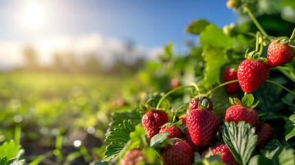 Wall Mural - Strawberry field with strawberries growing in the foreground, with a blue sky and sunlight