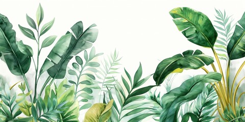 A painting of vibrant green plants and leaves dancing across a pristine white background in a jungle-like display.
