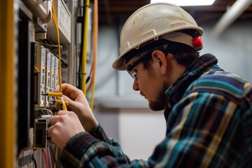 A skilled man in a hard hat meticulously works on an electrical panel to upgrade the system.