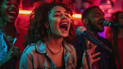 a group of diverse young friends singing at a karaoke party in a night club, laughing and having fun together