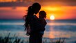 © jessica - Serene Beach Sunset with Mother Holding Child - ai generative