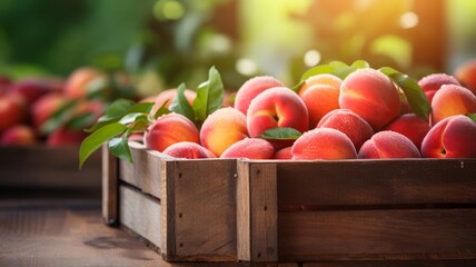 Wall Mural - Freshly picked peaches in a wooden crate, farm background, vibrant colors, copy space,