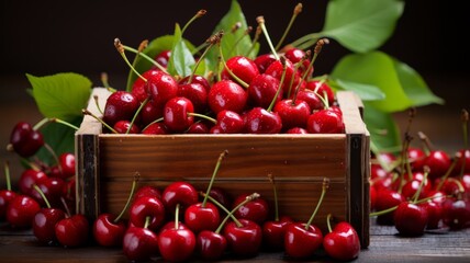 Wall Mural - Freshly picked cherries in a wooden crate, farm background, vibrant colors, copy space,