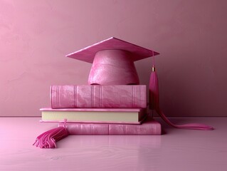 Wall Mural - book education copy space with graduation hat on pink background