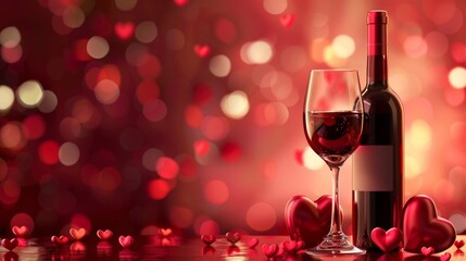 Sticker - Valentine's day celebration illustration banner with realistic wine bottle and glass