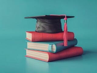 Wall Mural - illustration, Book with graduation hat on blue background education concept