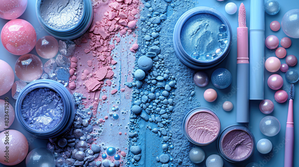 Cosmetics pastel perfumes and textures of foundation, powder and ...