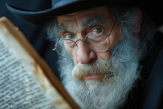 During Shabbat, an Orthodox Jewish man reads Torah in his synagogue AI Generative