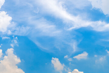 Wall Mural - Tropical summer blue sky fluffy white cloud summertime on light sunny day cloudscape. Clear bright blue skyline spring sunlight climate background. Heaven blue environment ecology high scenic nature.