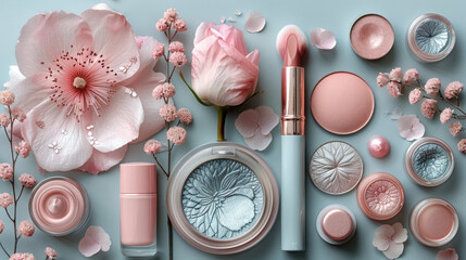 lots of cosmetics and flowers, spring collection of makeup, creams and skin products, beauty and fas