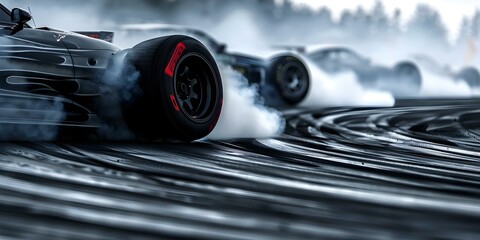Closeup of drifting car wheels on a race track during a race. Concept Racing cars, Drifting, Close-up shots, High-speed action, Adrenaline rush