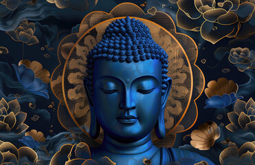 Poster - A blue Buddha head with lotus flowers