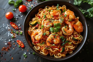 Wall Mural - A bowl of shrimp and noodles with a variety of vegetables and spices