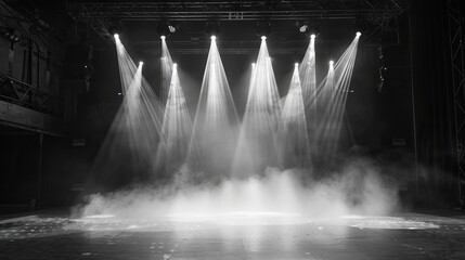 Wall Mural - A several bright spotlights on a stage with a smoky atmosphere.

