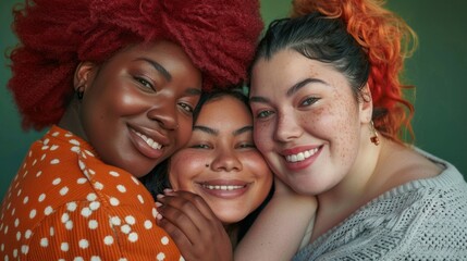 Wall Mural - Three women with red hair and orange and white polka dot shirts hug each other