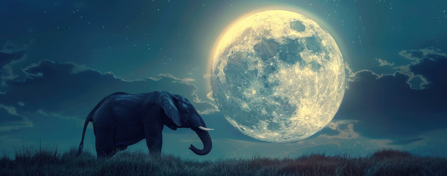 An elephant standing on the grassy hill with its trunk raised towards the sky, with the full moon in the background.