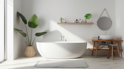 A bathroom with a white bathtub, a mirror, and a wooden table. The bathroom is clean and well-lit, with a potted plant and a rug on the floor. Scene is calm and relaxing