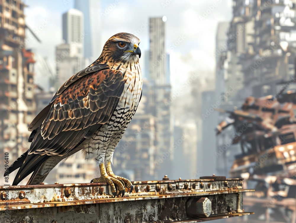 A lone hawk stands on a rusty girder, surveying the ruined city below ...
