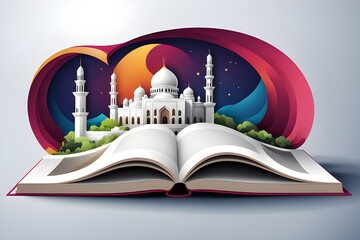 Wall Mural - creative Islamic holiday story banner template. Mini mosque and dessert scenery displayed on an open book. Monotone design. Translation: Eid Mubarak