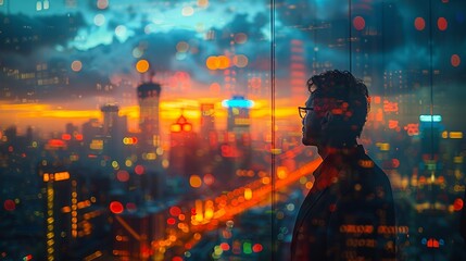 Poster - A man is looking out of a window at a city skyline at sunset