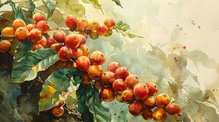 Wall Mural - a watercolor painting of a coffee tree with lush green leaves and ripe red coffee cherries, highligh
