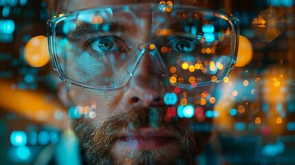 Canvas Print - A man wearing glasses is looking at a computer screen with a blurry background