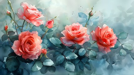 Wall Mural - A watercolor composition of a bouquet of pink roses, with lush green leaves and gentle washes of color, creating a soft and romantic feel. List of Art Media Photograph inspired by Spring magazine