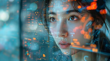 Wall Mural - A woman is looking at a computer screen with a blurry face