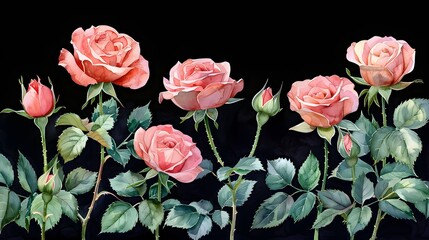 Wall Mural - A set of watercolor illustrations of different stages of pink roses, from bud to full bloom, showcasing the progression and growth of the flower. List of Art Media Photograph inspired by Spring