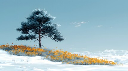 Wall Mural - a single pine tree on a snowy hill, with a patch of vibrant flowers at its base and a clear, crisp w