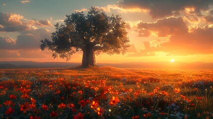 Wall Mural - a single baobab tree in a vast african savanna, with a small cluster of bright flowers at its base a