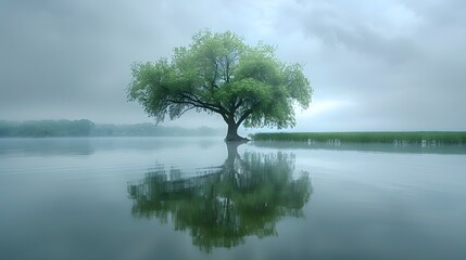 Wall Mural - a lone willow tree by the edge of a calm lake, with its branches gently touching the water's surface