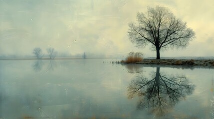 Wall Mural - a lone willow tree by the edge of a calm lake, with its branches gently touching the water's surface